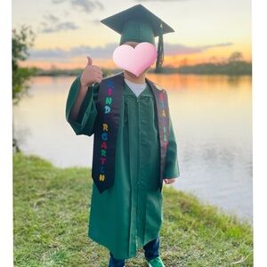 Green Kindergarten Graduate 👨🏼‍🎓 Cap, Gown, Black Sash without 2024 charm